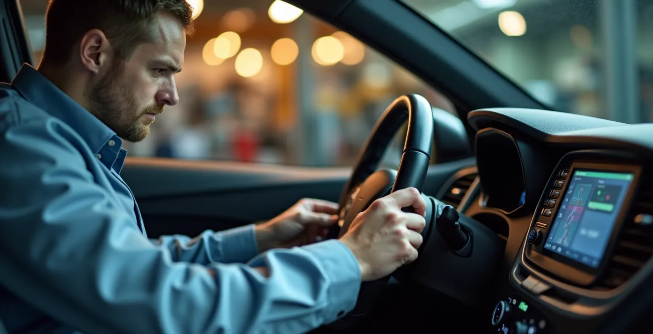 Auto repair technician calibrating ADAS sensors after windshield replacement