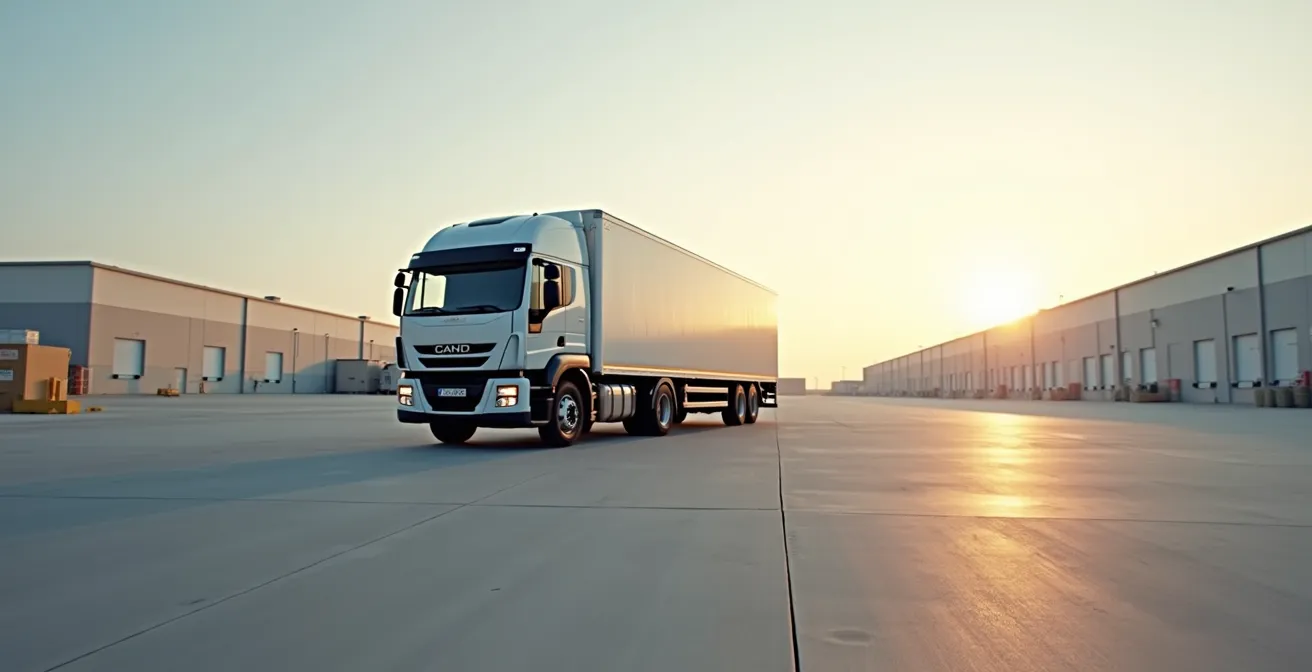 A wide shot of a modern aluminum work truck in a vast industrial yard, highlighting its lightweight and efficient design.