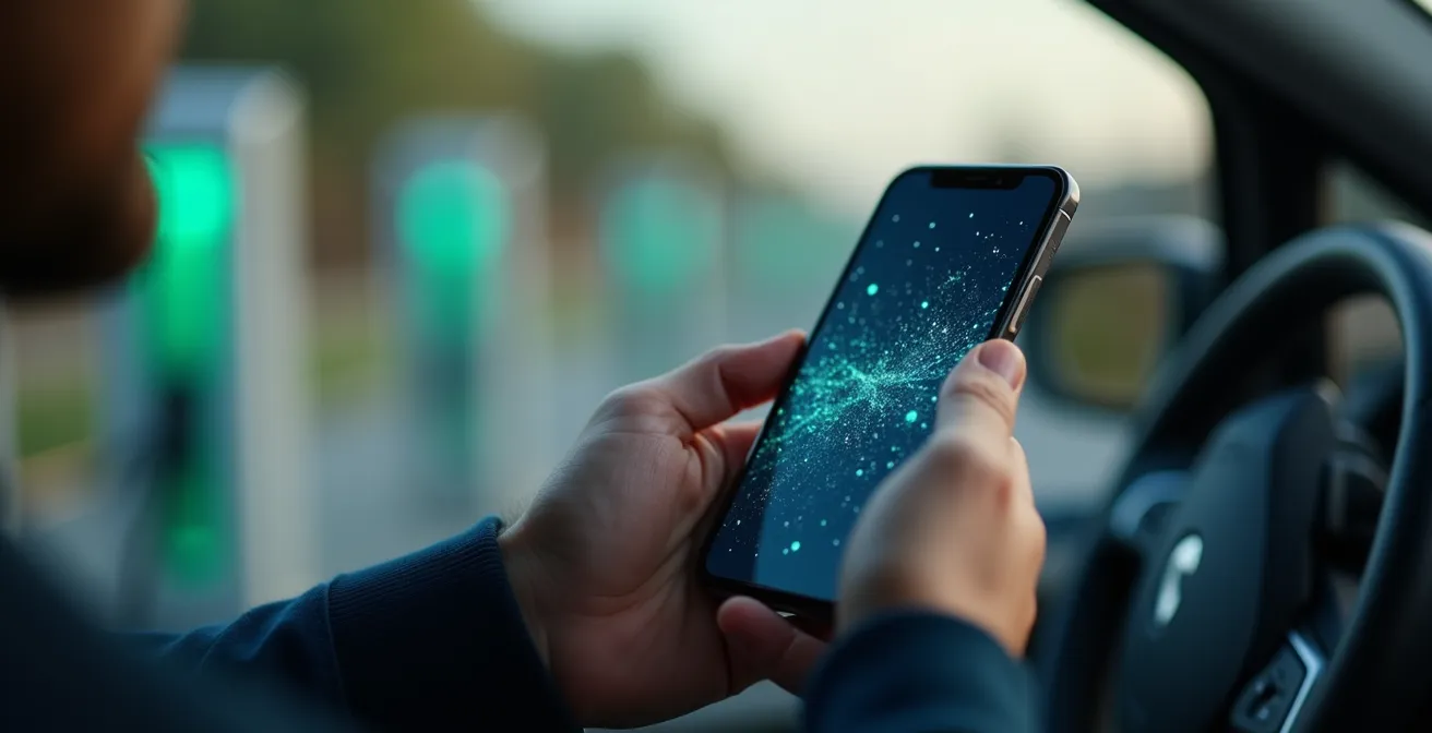 Driver checking charging station reliability data on smartphone at rest stop