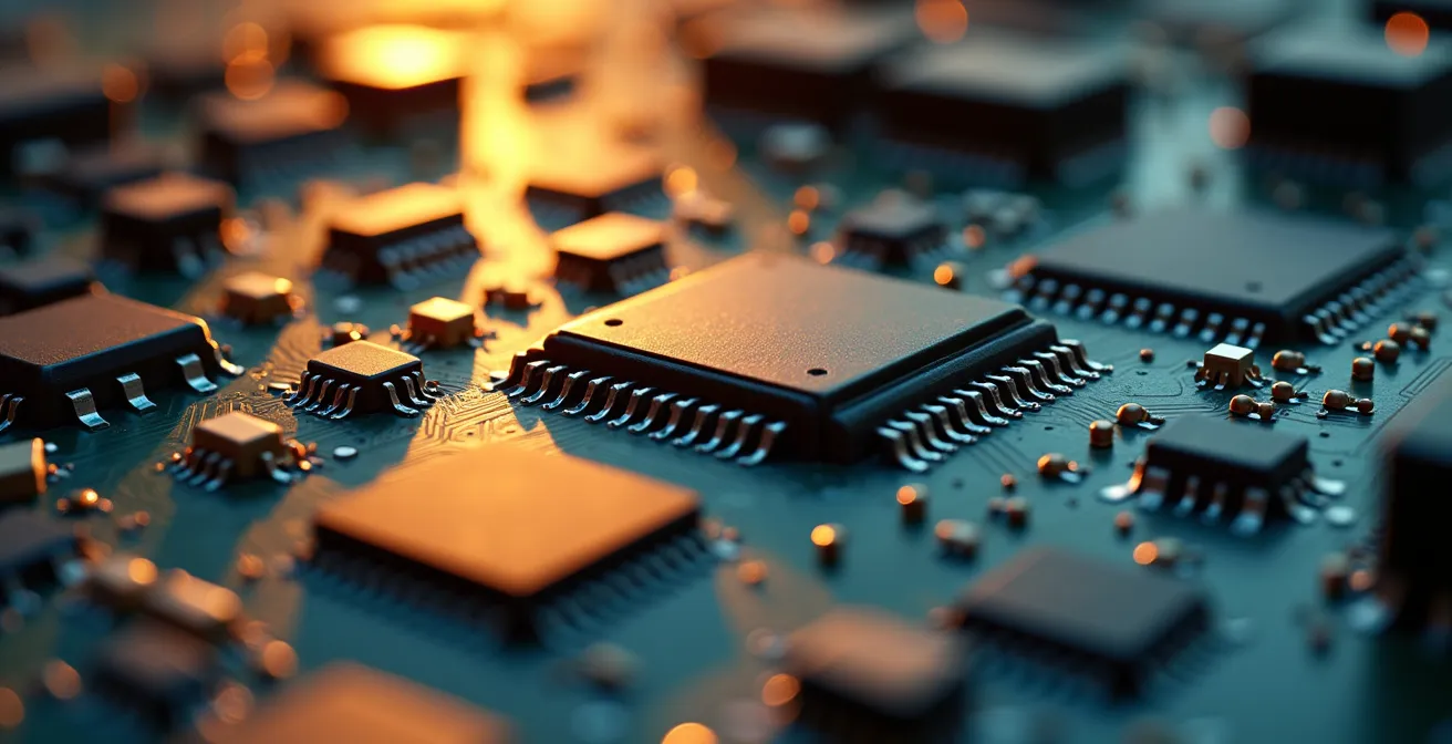 Close-up macro shot of circuit board components with dramatic lighting highlighting the intricate patterns