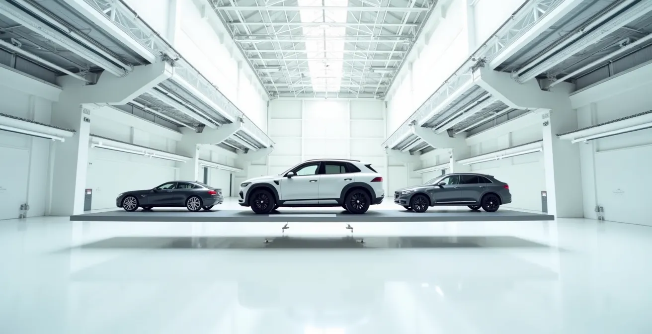 Cross-section view of modular vehicle platform showing different regional configurations