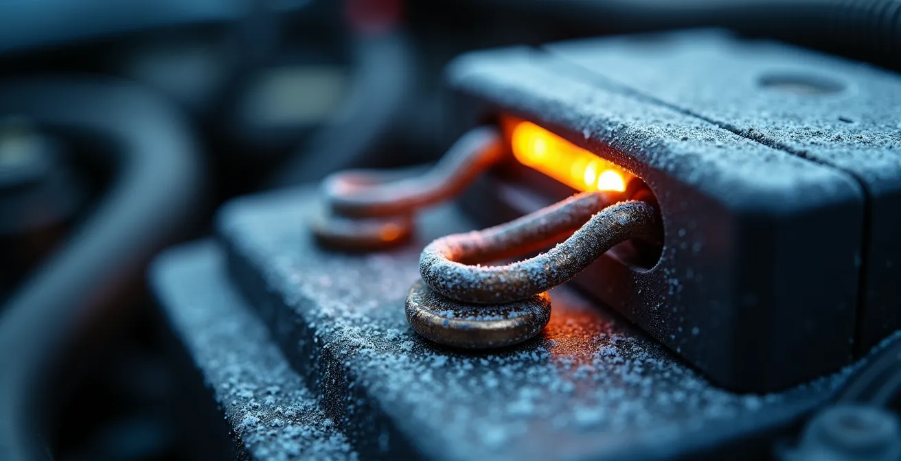 Smart battery maintainer connected to a car battery in a garage during winter, showing frost on the terminals.