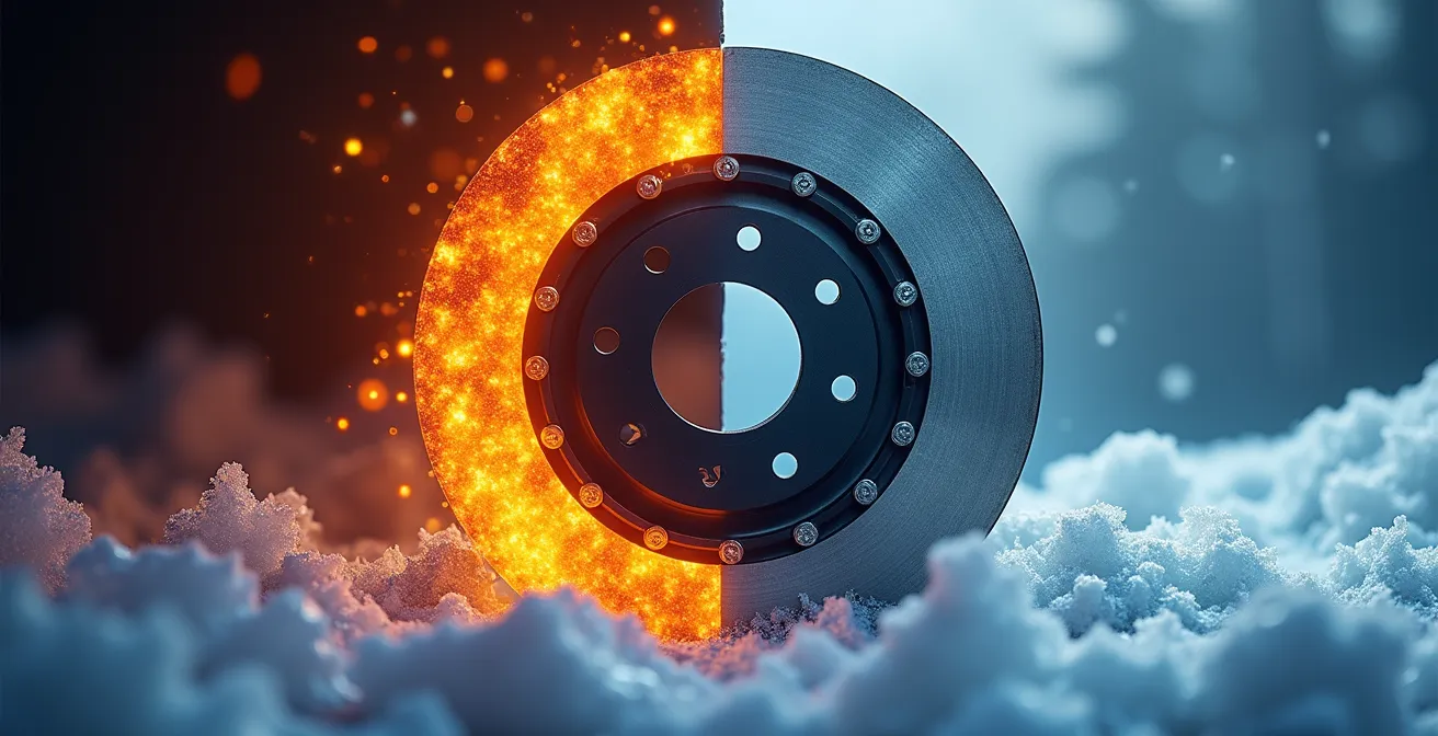 Vehicle braking system showing heat waves and thermal energy dissipation during mountain descent