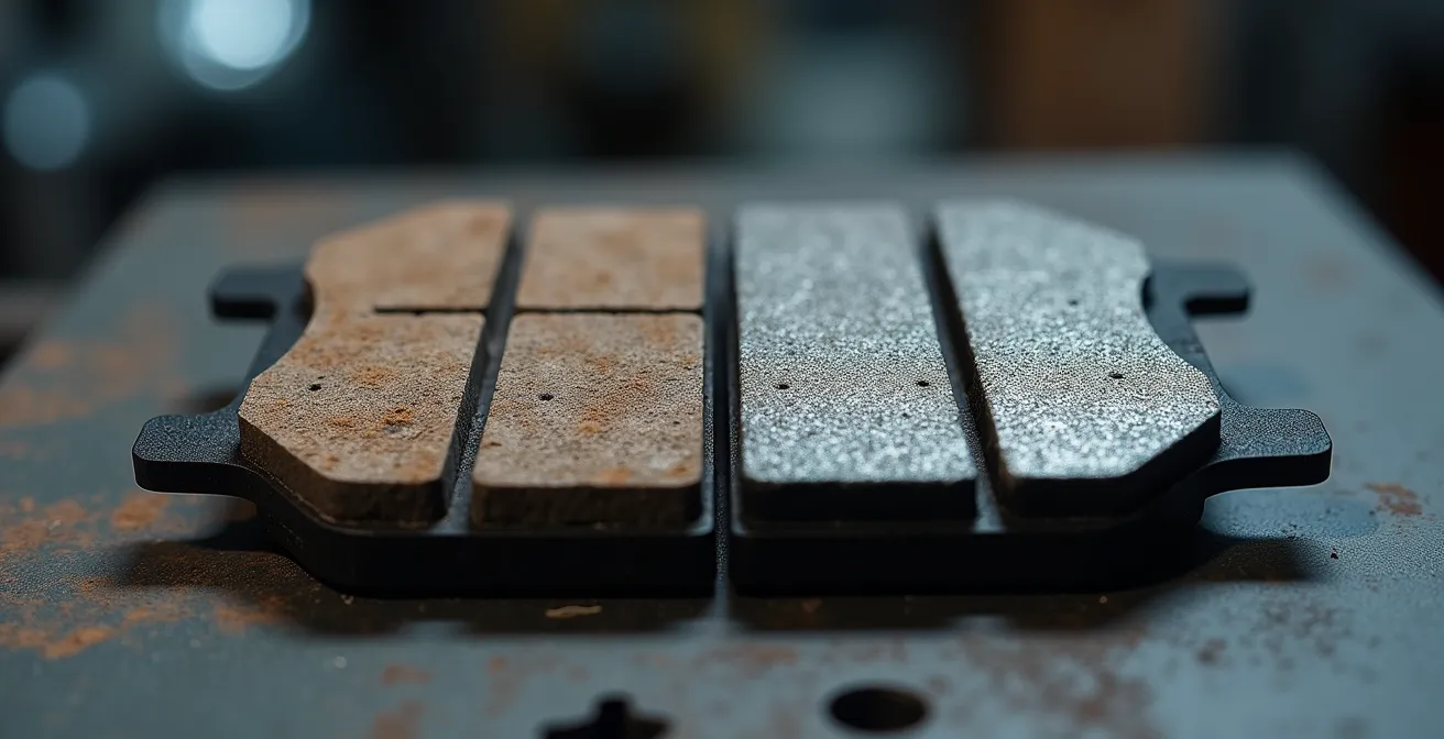 Close-up comparison of OEM and aftermarket brake components showing quality differences