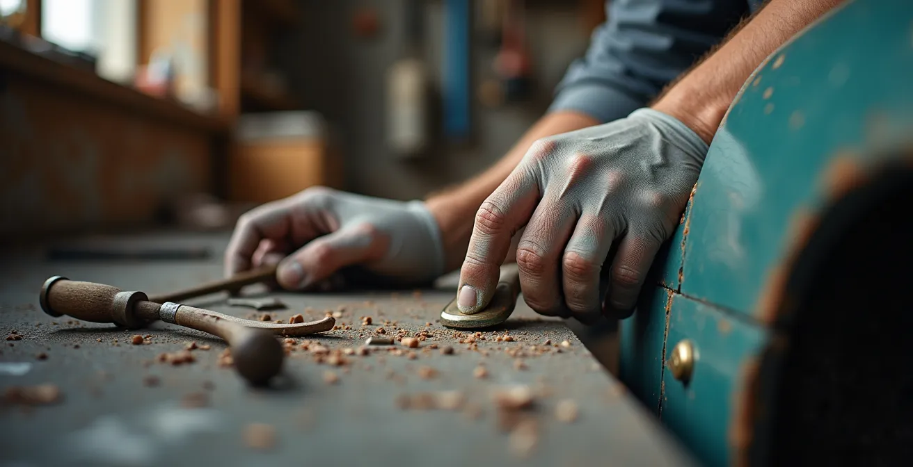 Time-lapse style photo showing four stages of classic car restoration from rust to finished