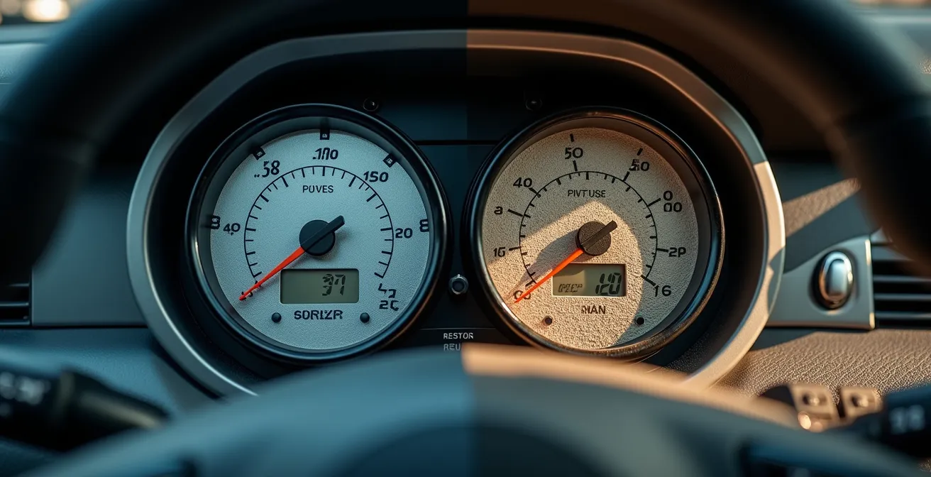 Split comparison showing clean versus clogged engine air filter affecting airflow