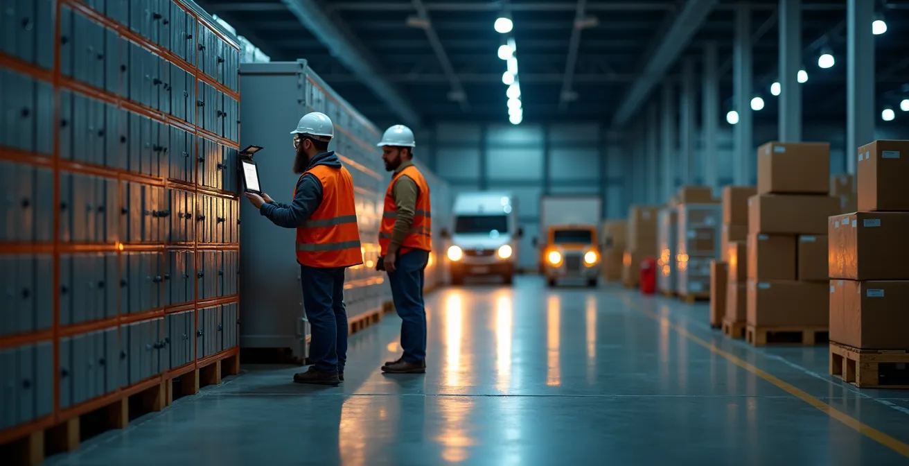 Secure 24/7 receiving hub at night with automated lockers and loading docks under soft lighting