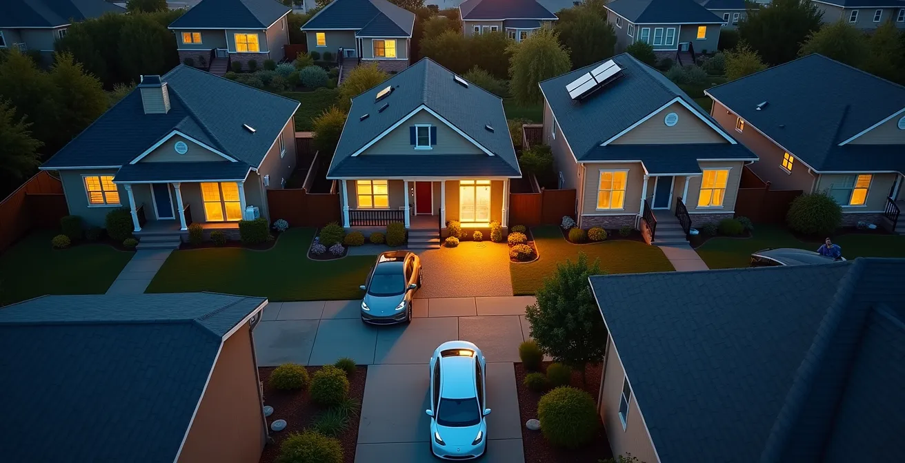 Aerial view of residential neighborhood with interconnected homes showing energy flow patterns