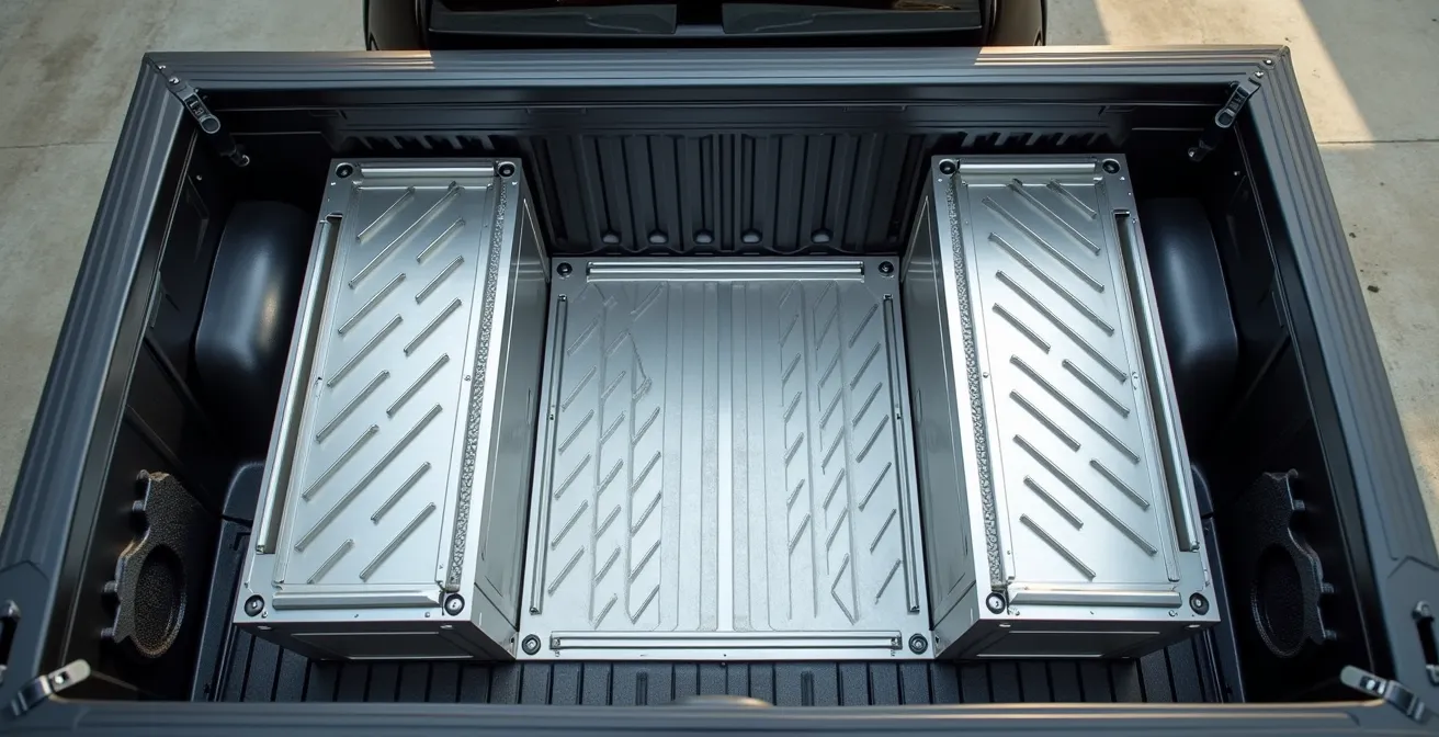 Wide angle view of truck bed with modular storage systems and quick-release mounting points