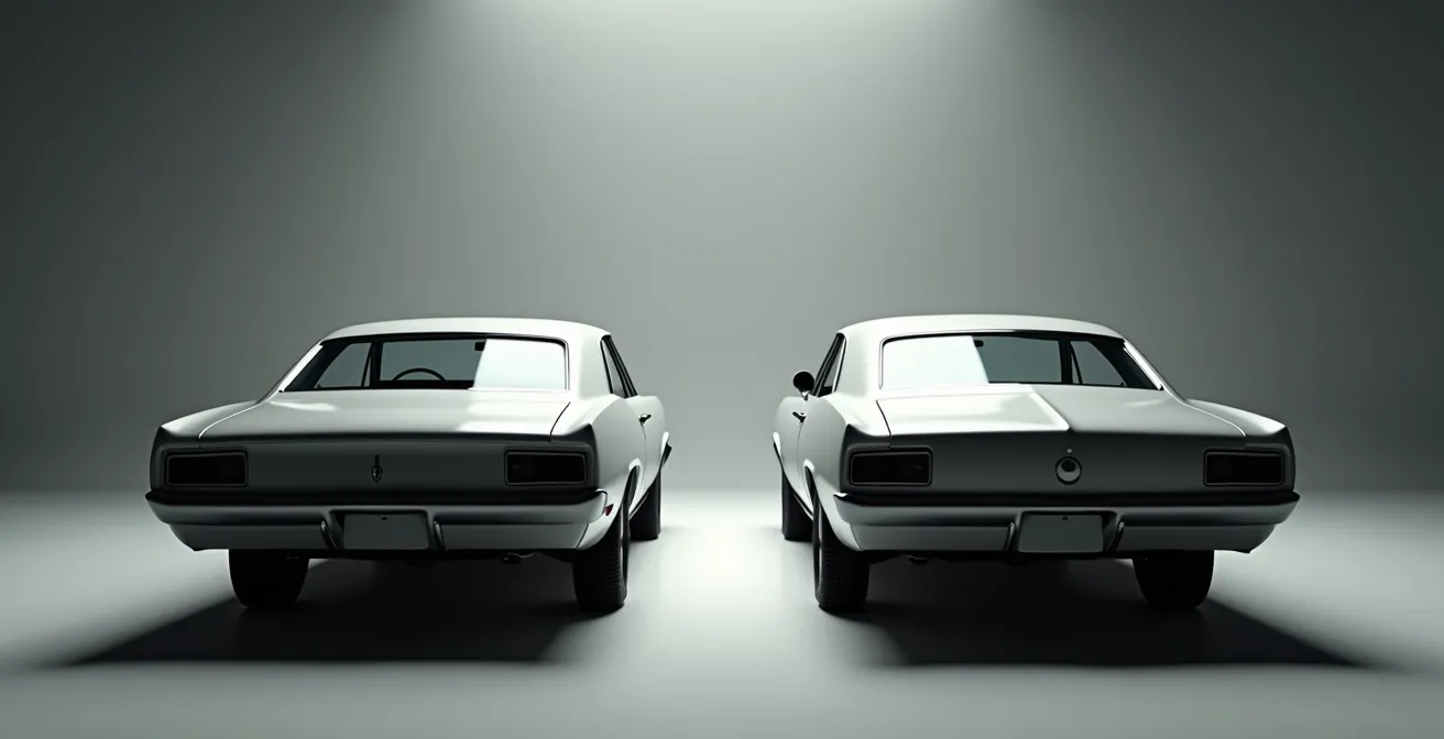 Side-by-side comparison of classic American coupe and fastback muscle cars showing structural differences