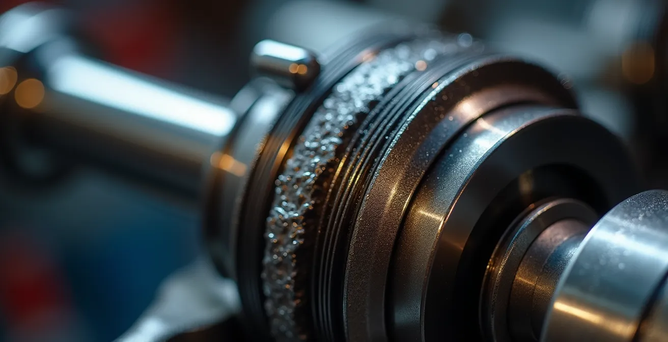 Extreme close-up macro shot of engine internal components showing robust diesel construction