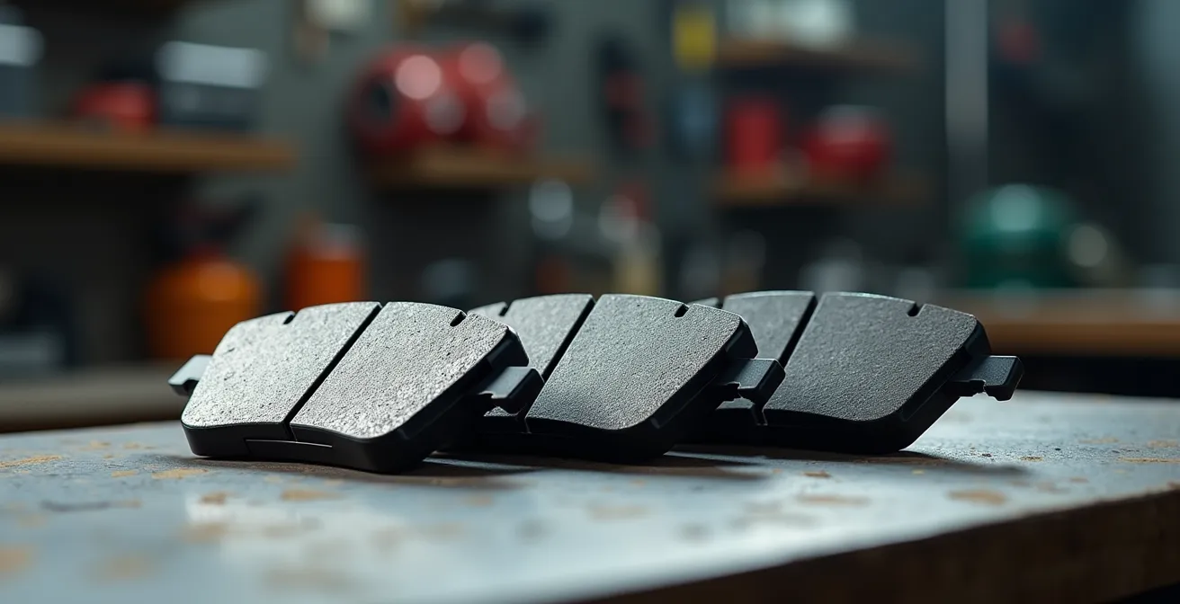 Workshop scene showing different brake pad materials arranged for comparison