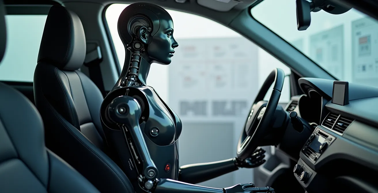 Cross-sectional view of proper driver seating position showing spinal alignment and safety distances