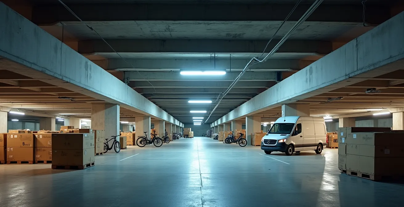 Nighttime view of temporary fulfillment center in repurposed parking garage with cargo bikes and electric vans