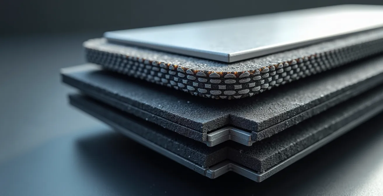 Detailed macro view of EV battery pack crash protection structures and materials