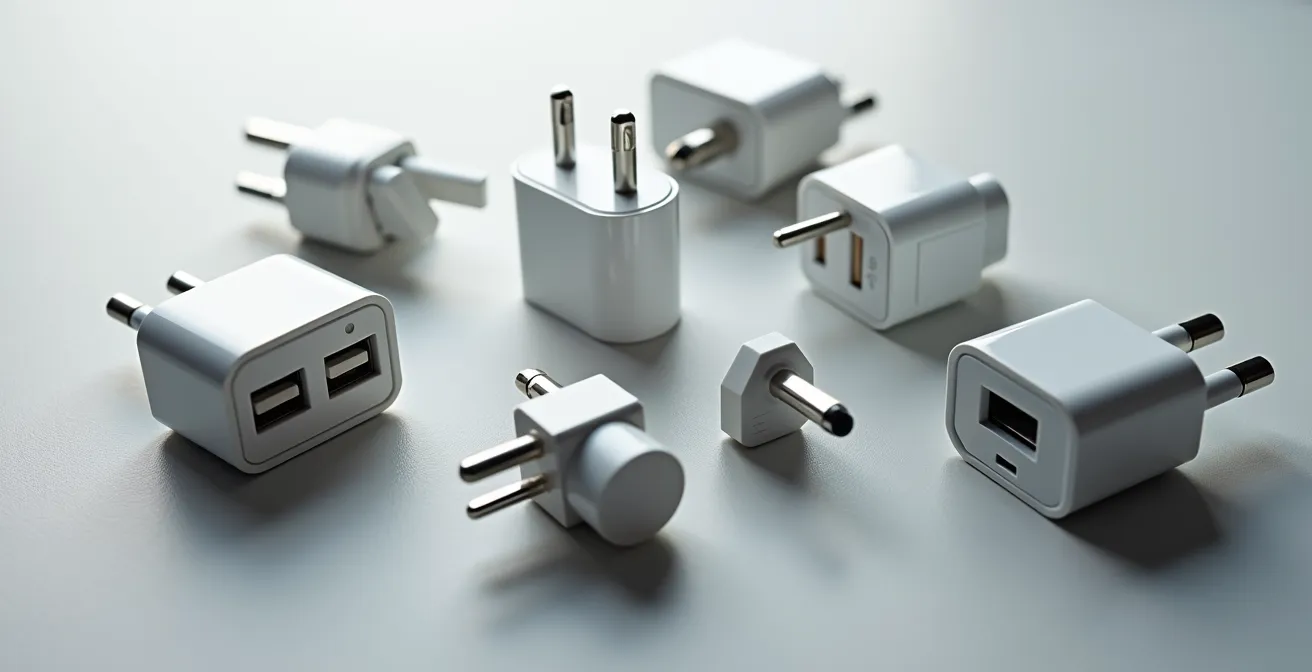 Professional arrangement of various EV charging adapters on minimalist surface