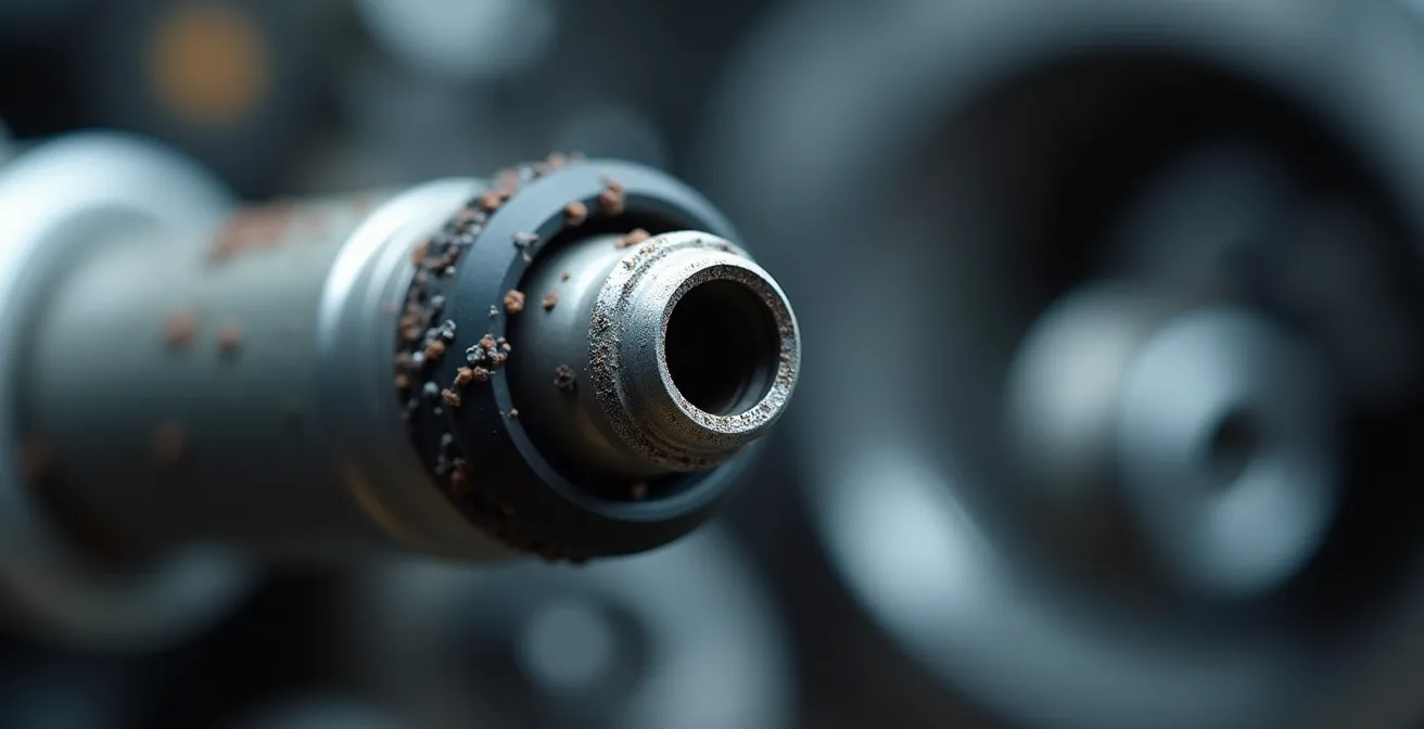 Close-up macro view of modern direct injection system components showing intricate engineering