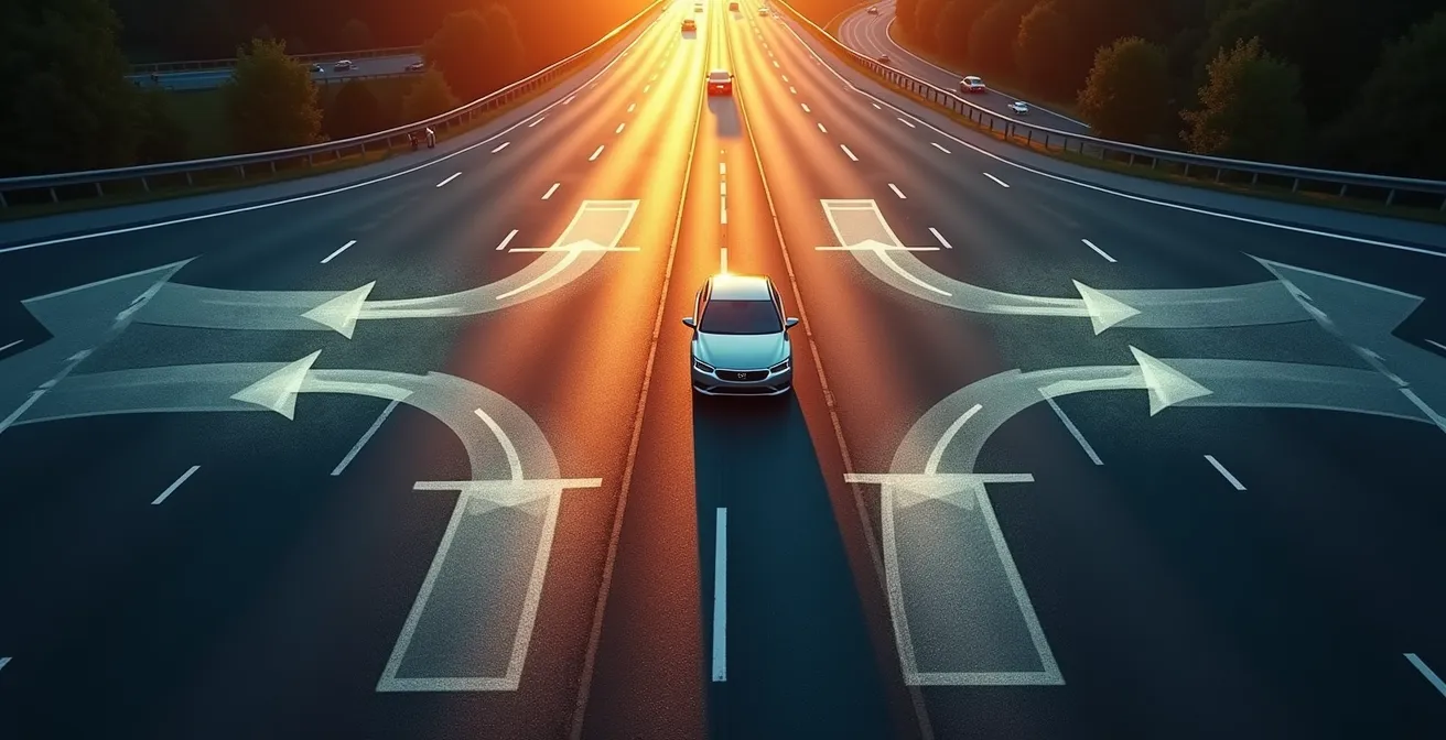 Overhead view of highway showing multiple escape route options highlighted around a vehicle