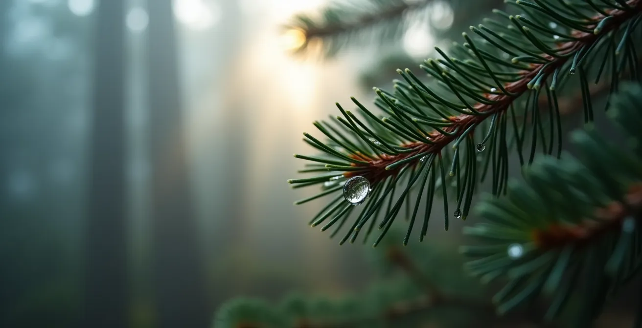 Moody coastal scene with fog rolling through redwood trees near the ocean