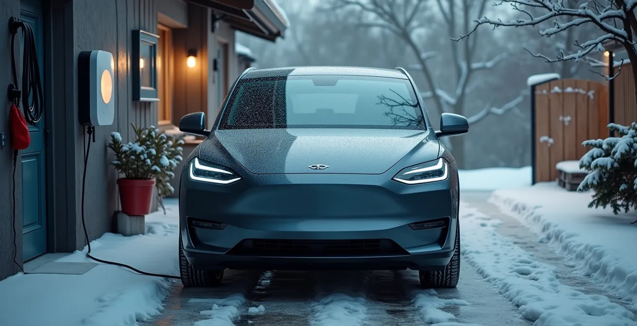 Electric vehicle parked in garage with battery preconditioning visualization