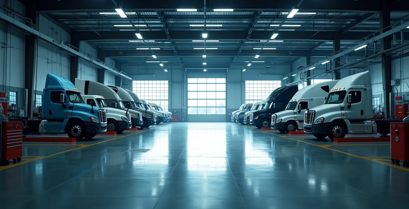 Wide view of modern fleet maintenance facility showing systematic organization