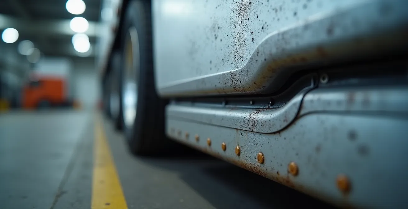 Macro view of an aluminum and steel junction on a truck, showcasing protective rubber gasket isolation and specialized coatings.