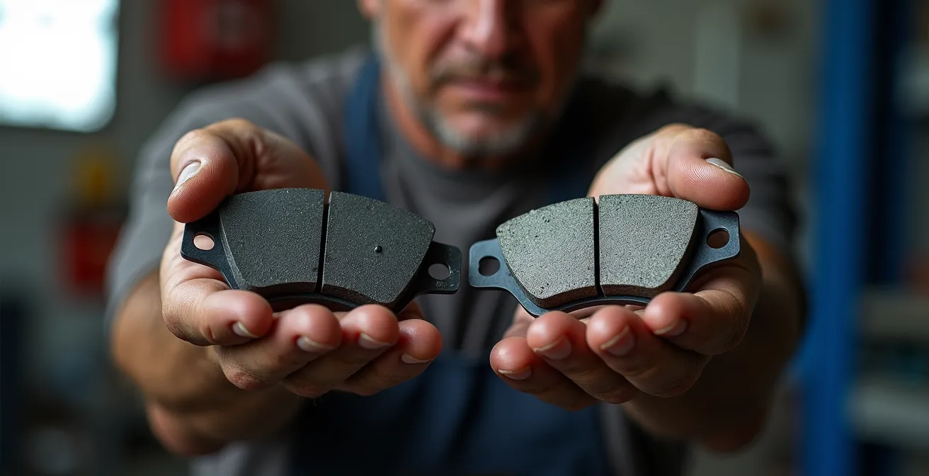 Detailed macro shot of glazed brake pad showing mirror-like surface finish