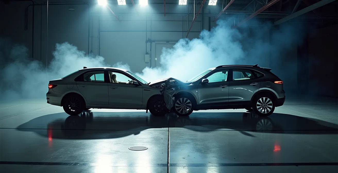 Split-screen comparison of crash test facilities showing different regional safety standards