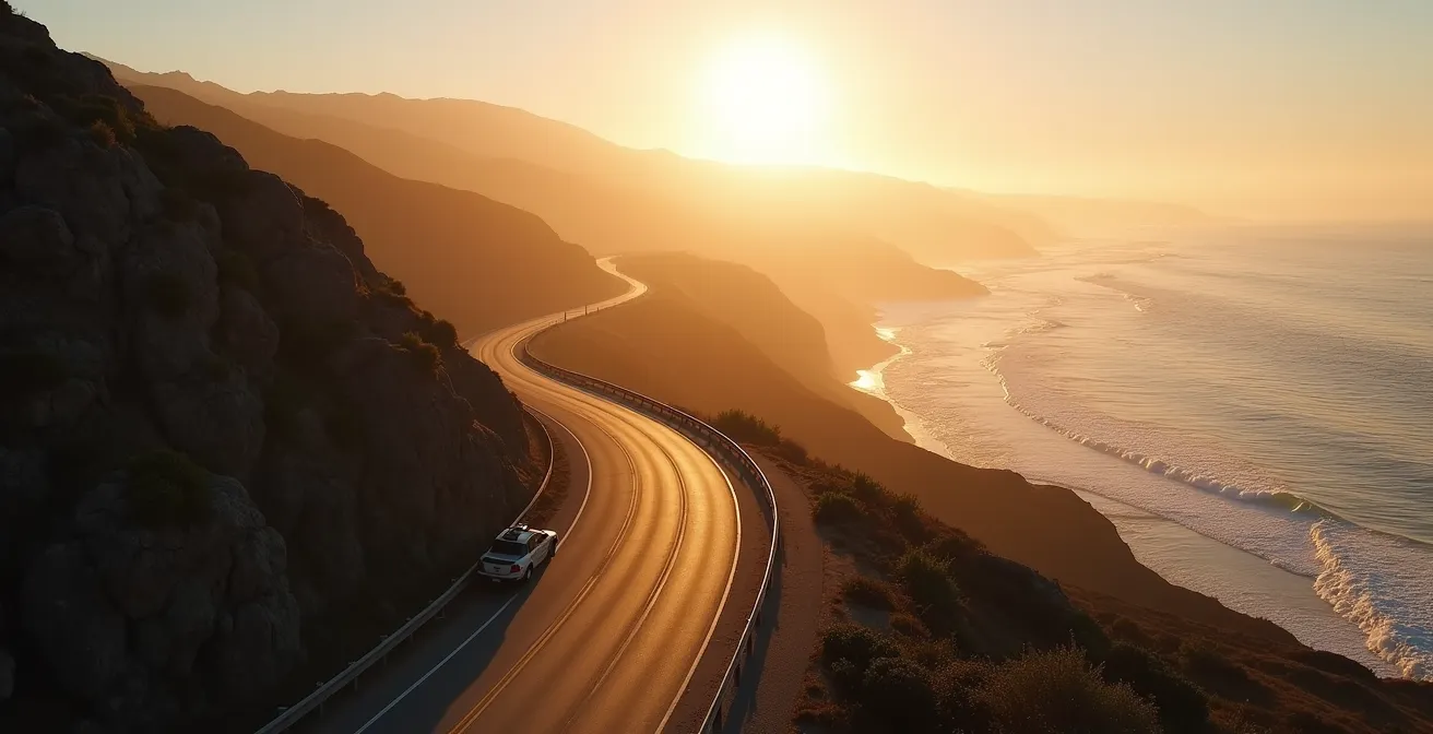 Aerial view of Pacific Coast Highway during sunset with strategic stopping points marked
