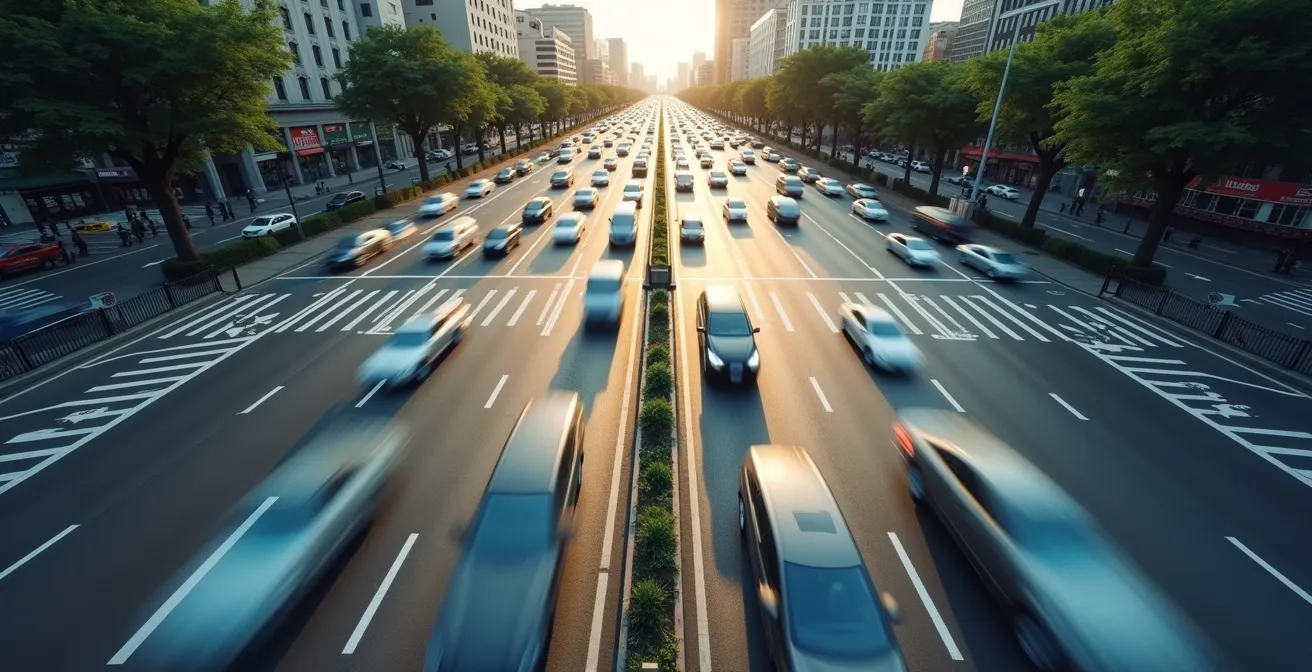 Aerial view of synchronized traffic flow through multiple intersections