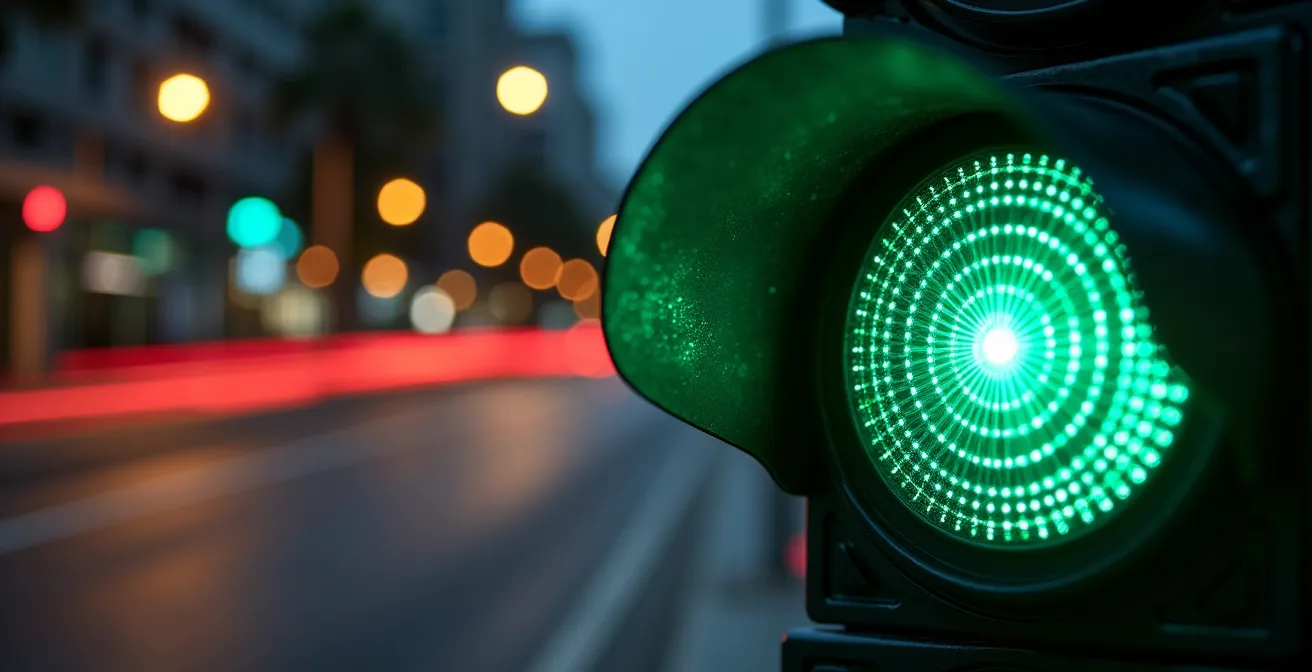 Macro shot of a green traffic light lens with blurred city lights in the background creating a wave-like pattern.