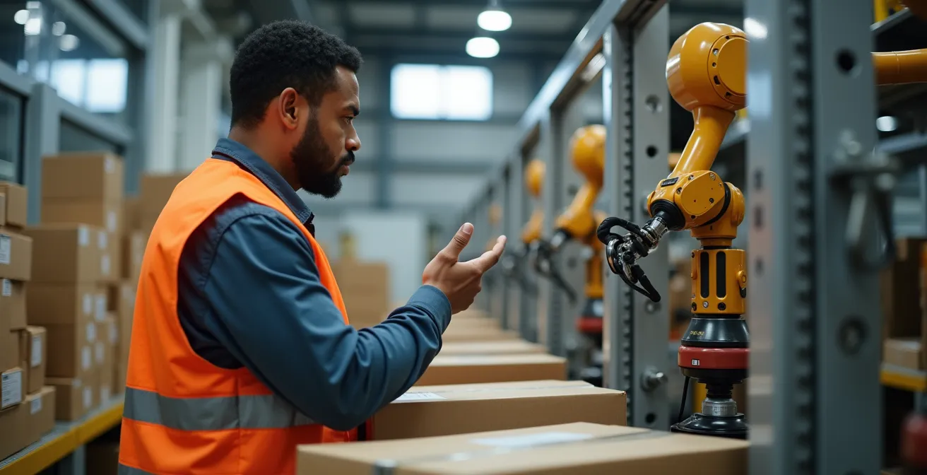Worker and automated system collaborating in modern fulfillment center