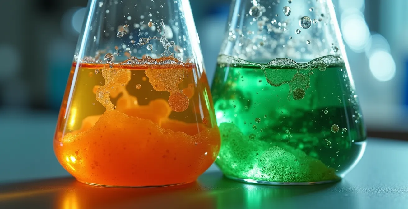 Close-up visualization of incompatible automotive fluids creating gel-like precipitation