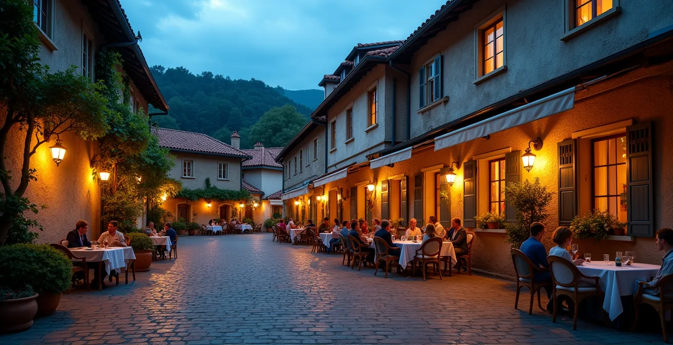 Charming inland town with traditional architecture at dusk, showing cozy local accommodations