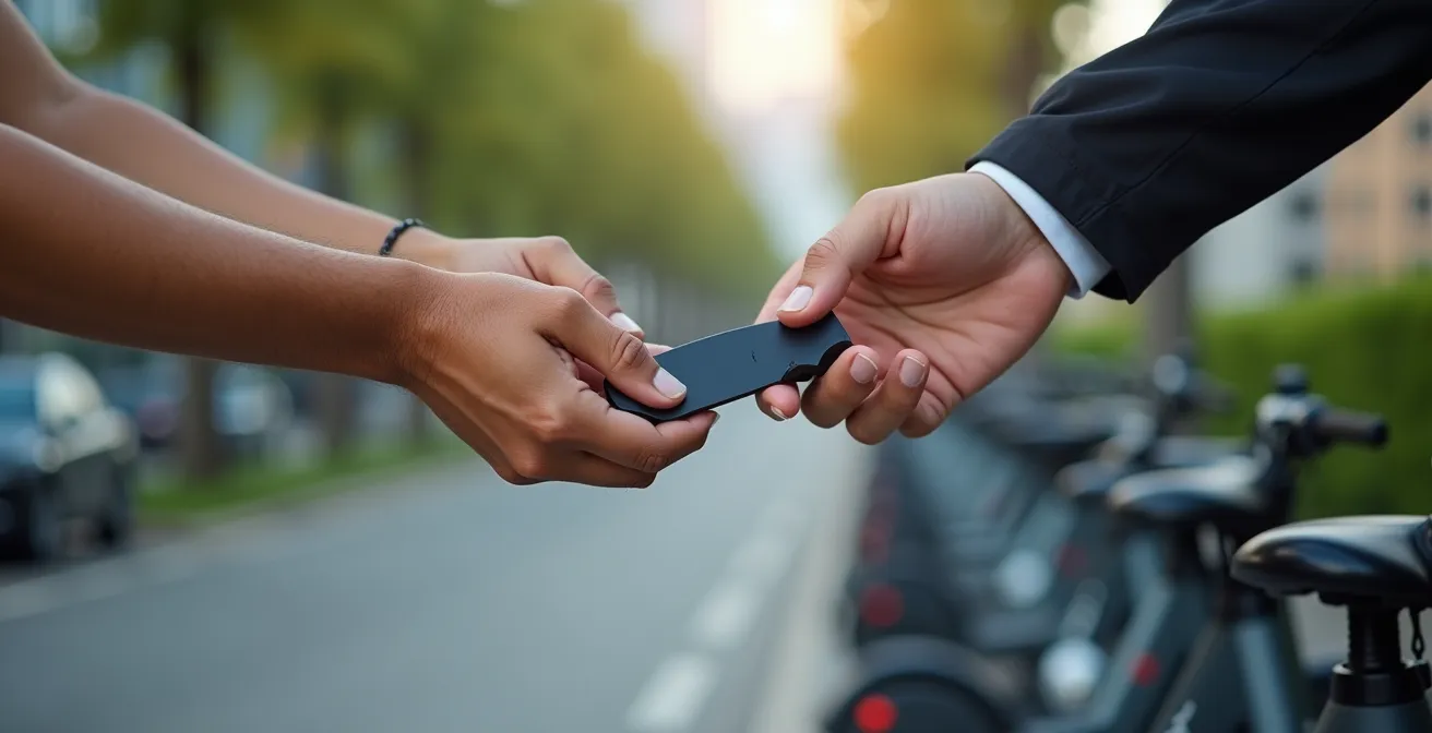 Macro close-up of hands exchanging a shared bike key fob at a modern mobility station with blurred multimodal transport options in background