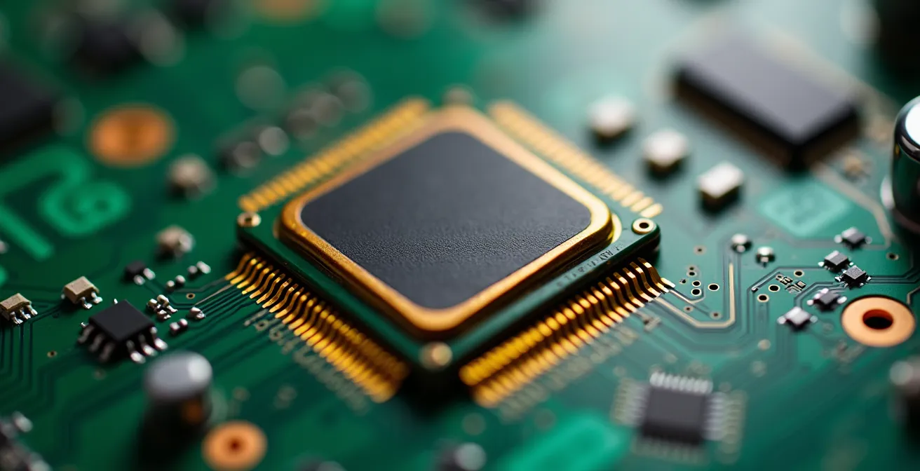 Close-up macro shot of a solid-state LiDAR chip showing intricate circuit patterns and miniaturized components