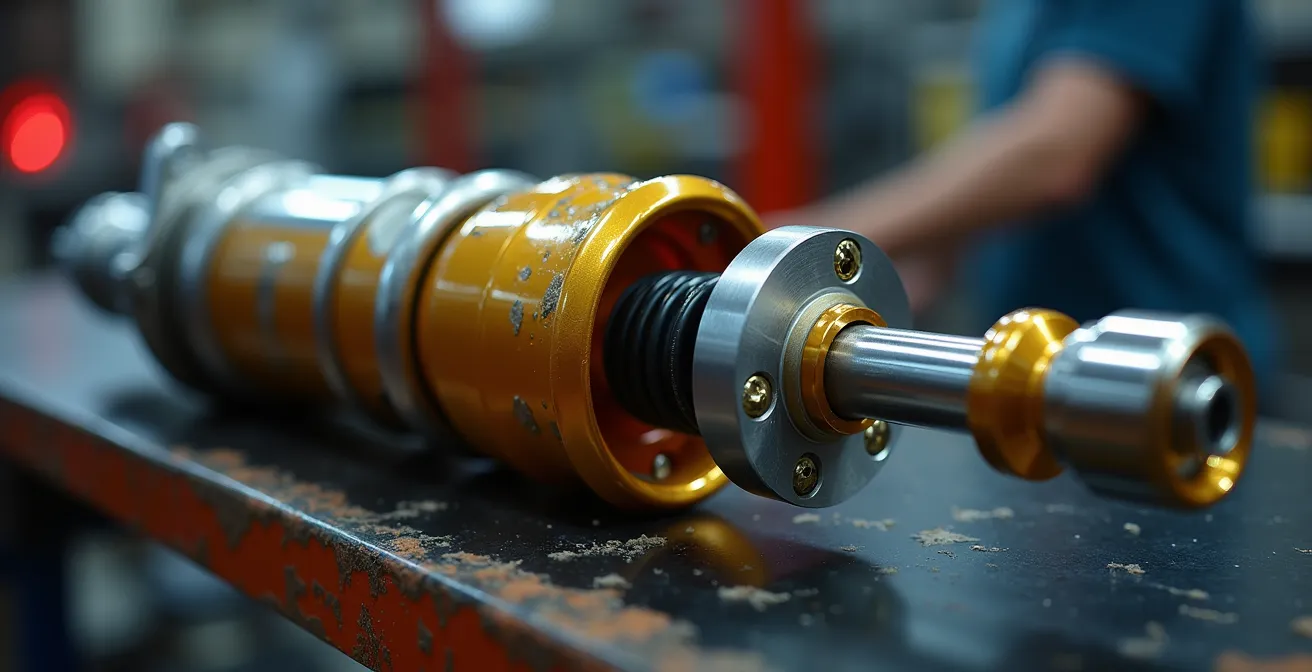 Extreme close-up of shock absorber internal valving and piston components