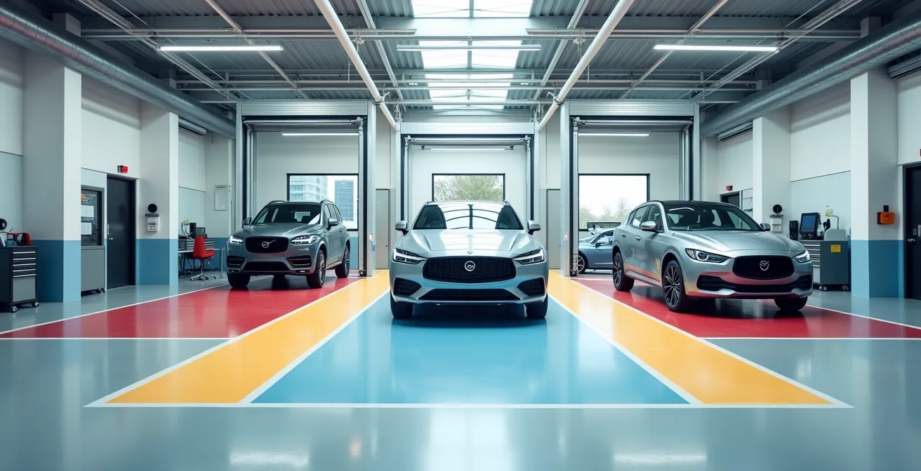 Maintenance facility showing organized workflow with multiple service bays