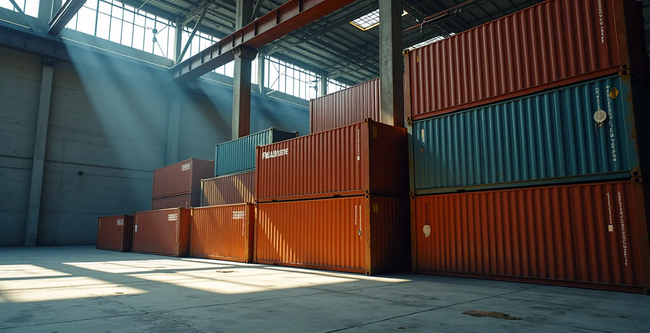 Visual representation of how small data errors amplify through the supply chain, shown as a domino effect of shipping containers.