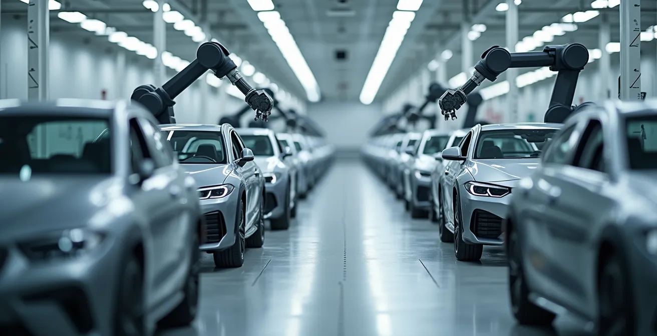 Wide angle view of an automated production line showing multiple LiDAR sensors being integrated into vehicle assemblies