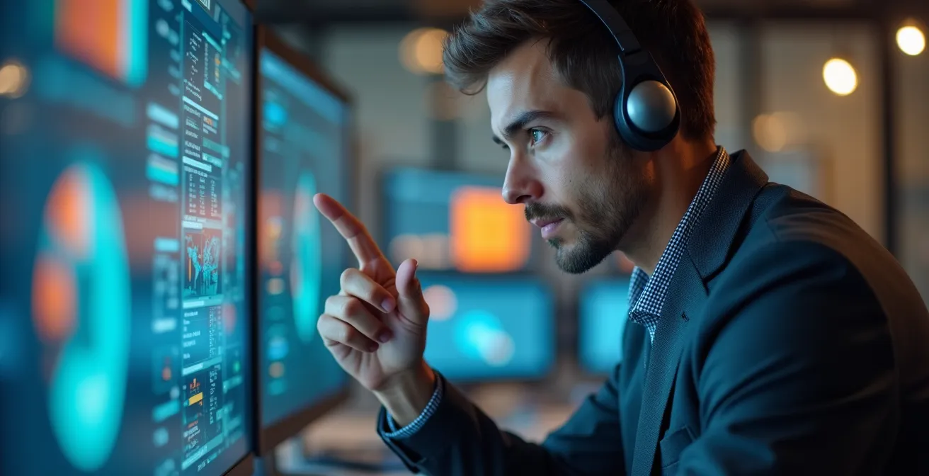A focused logistics orchestrator working with advanced digital tools in a modern command center.