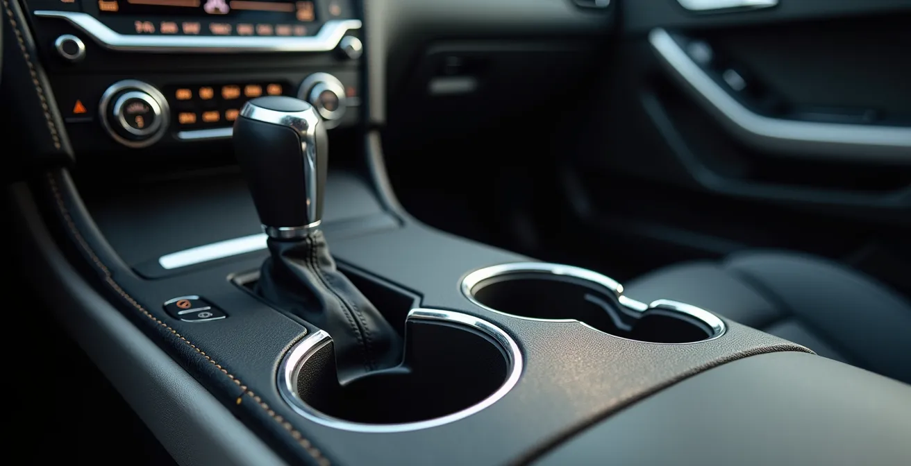 Close-up view of modern muscle car interior focusing on daily usability features