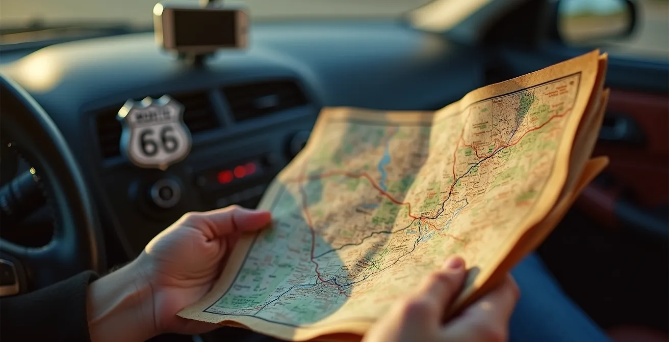 Hands holding vintage paper map with modern smartphone showing navigation