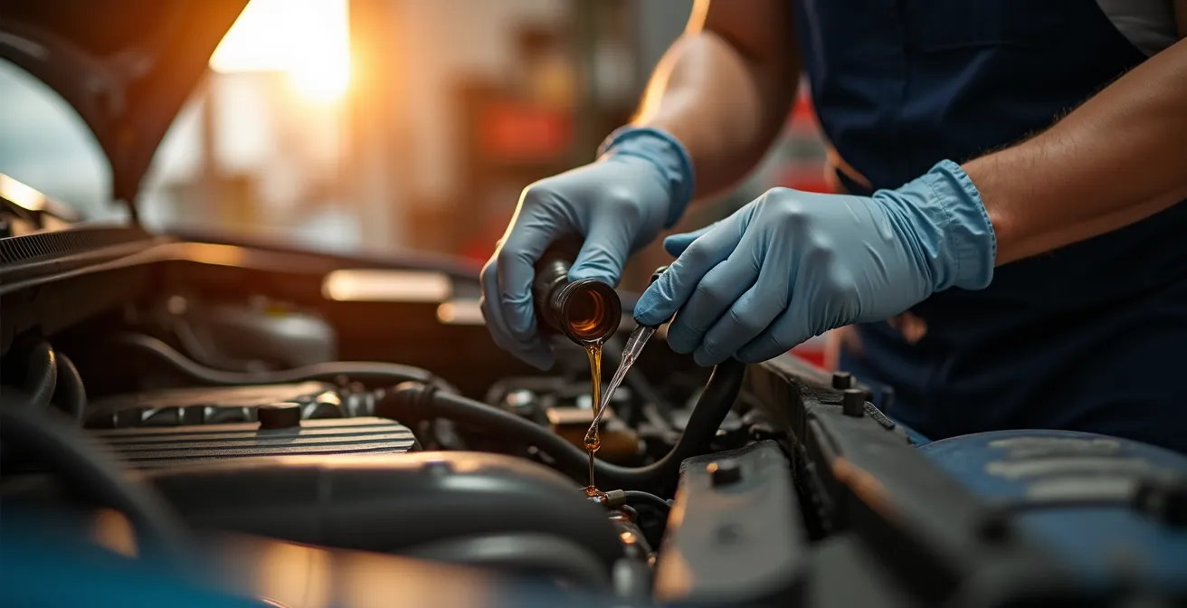 Professional collecting oil sample from vehicle engine for laboratory analysis