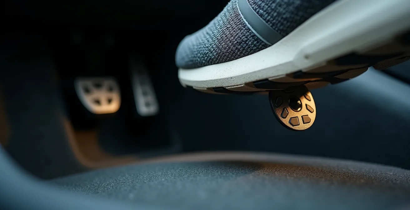 Close-up of driver's foot hovering over accelerator pedal in electric vehicle