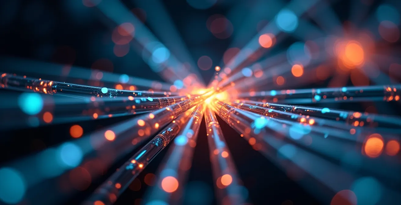 Abstract macro view of fiber optic cables visualizing the flow and patterns of logistics data for predictive analytics.
