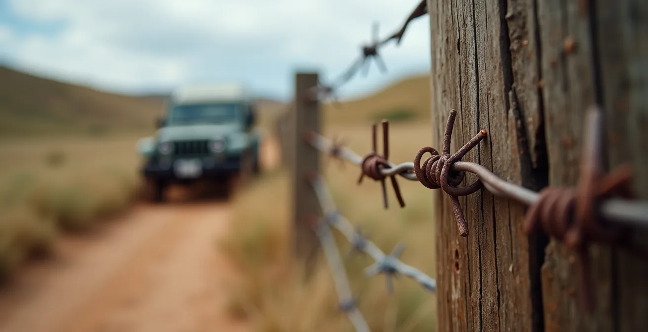 Aerial view of a 4x4 trail intersecting with private property boundaries