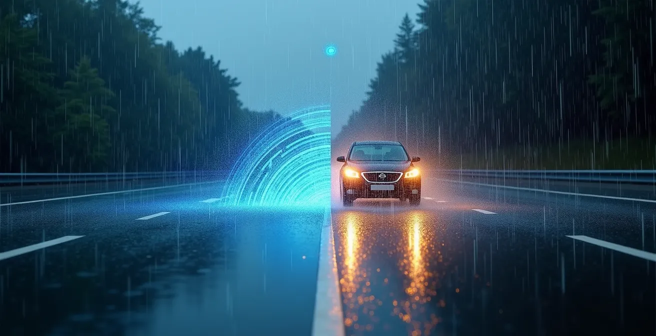 Split view showing radar waves detecting vehicle in heavy rain versus camera view obscured by weather