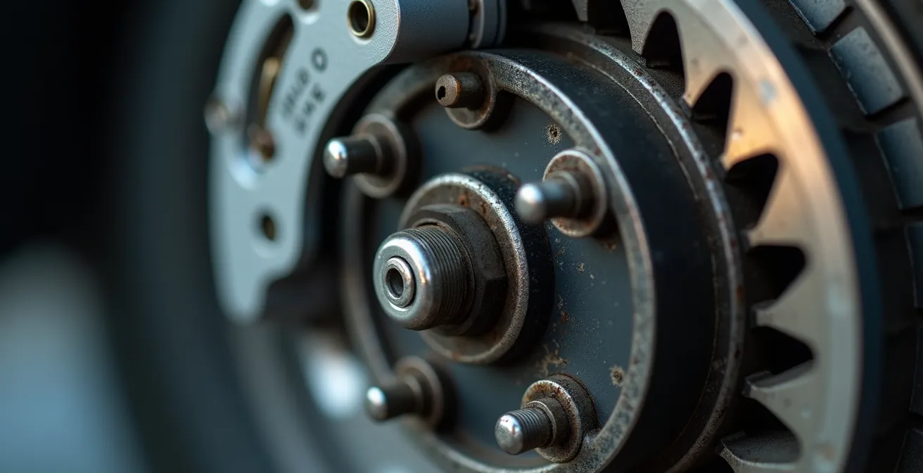 Close-up macro view of rear brake caliper components showing slide pins and parking brake mechanism