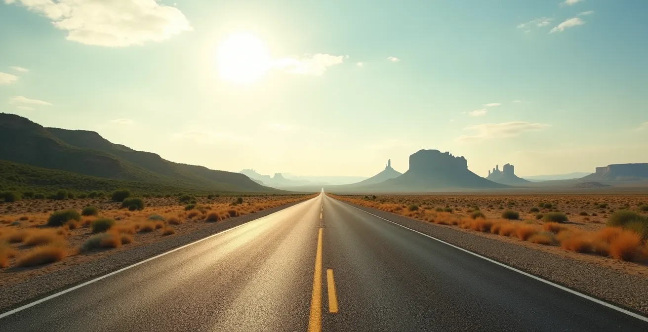 Split view showing lush Midwest prairie and stark desert landscape